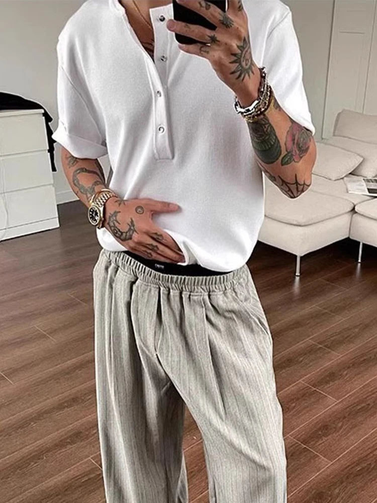 AIDASE  -  Knitting Solid Color Short Sleeve T Shirt Summer New Casual Buttoned Textured Men T-shirts Fashionable Mens Henley Neck Shirts aidase-shop