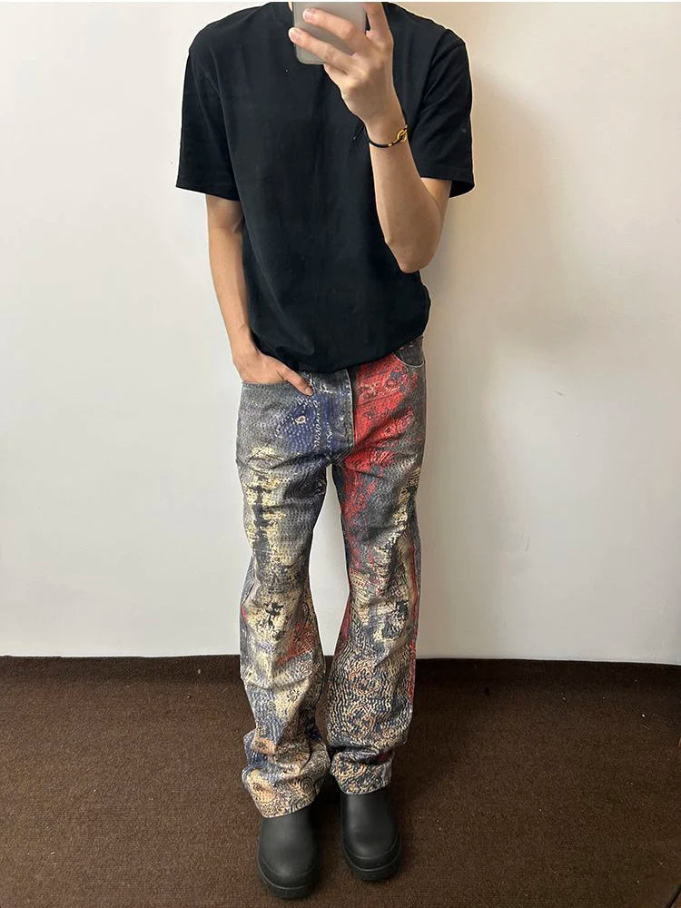 AIDASE  -  High Street Vintage Wshed Cashew Flower Digital Printed Denim Cargo Jeans Baggy Vintage Y2k Jeans pantalones hombre y2k clothes aidase-shop