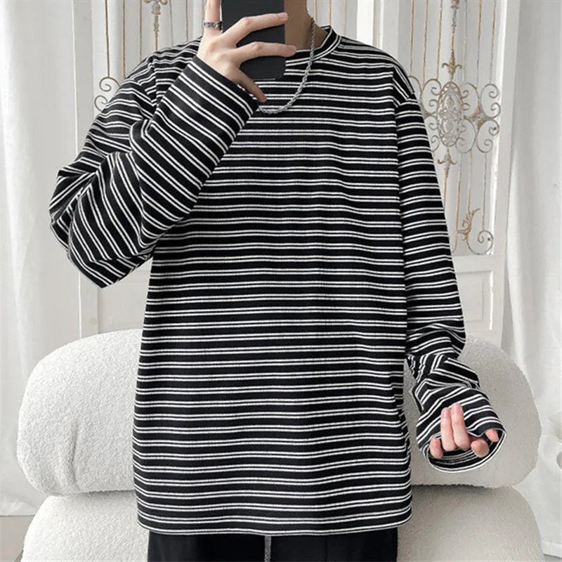 AIDASE  -  Spring Autumn Striped T-Shirts Men Round Neck Long Sleeve Loose Casual Tshirt Male Streetwear Tees Fashion Tops Plus Size aidase-shop