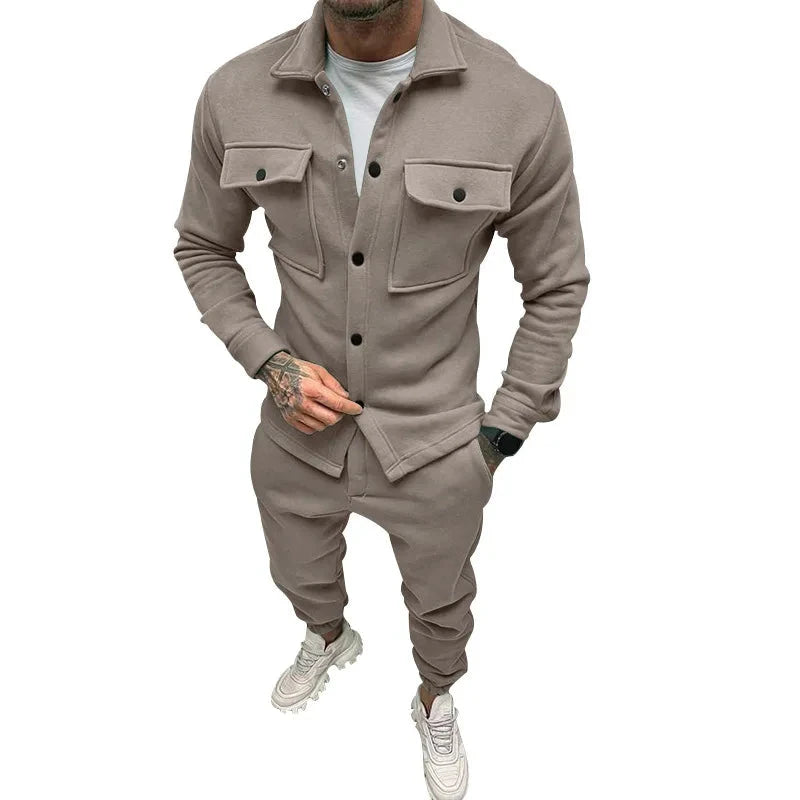 AIDASE  -  Men's Jacket Cargo Pants Set with Pocket Button Spring Fall Blue Tracksuit High Quality Solid Color Male Fashion 2 Pieces Suit aidase-shop