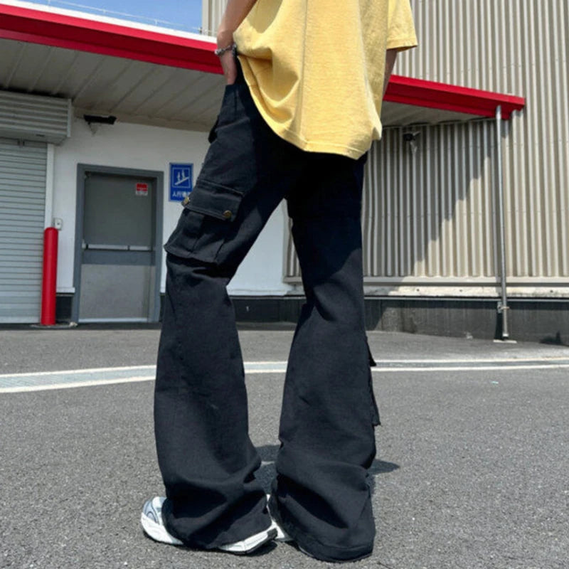 AIDASE  -  Lace-Up Flared Men Jeans American Style High Street Multi-Pocket Cargo Denim Pants Slim Fit Solid Color Trousers 21E6810 aidase-shop