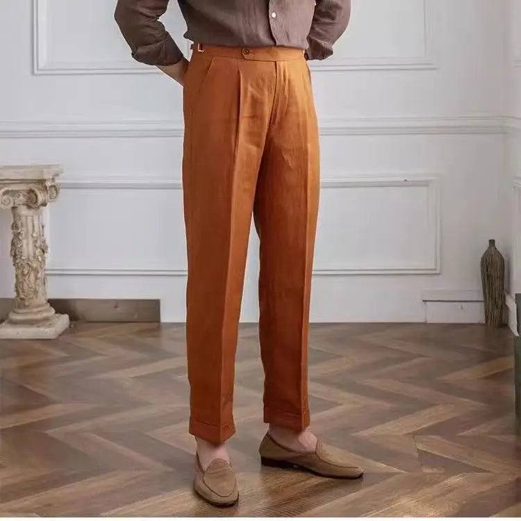 Aidase 100% Linen Italian Naples Pants Men High Waist Straight  Suit Trousers Spring Summer Fashion Lightweight Breathable Casual Pants aidase-shop