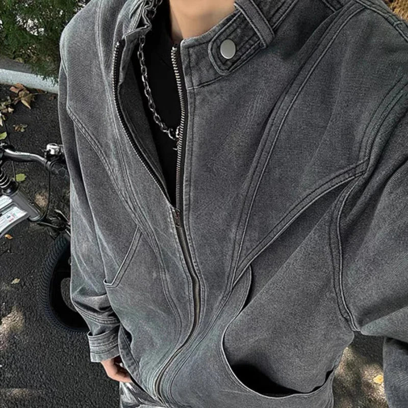 AIDASE  -  Fashion Men's Denim Jacket Personality Patchwork Design Stand Collar Long Sleeve Male Coats Zipper Tide Outerwear 21E7000 aidase-shop