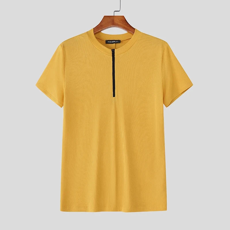 AIDASE  -  Men T Shirt Knitted Solid Color Zipper O-neck Short Sleeve Male Tee Tops Streetwear 2025 Fashion Casual Men Clothing aidase-shop