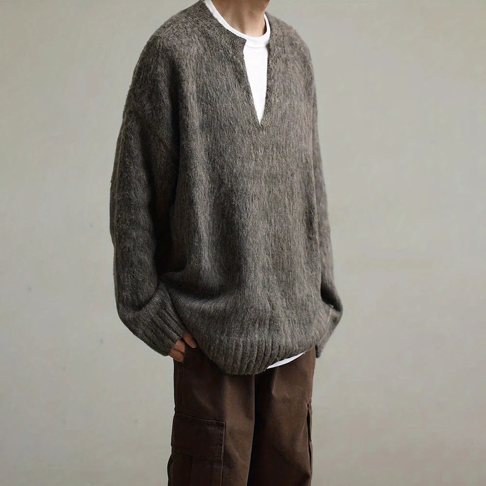 AIDASE  -  American Street Fashion Solid Color V-Neck Sweater Men Autumn And Winter Lazy Style High-End Casual Knitted Sweater Jacket Men aidase-shop