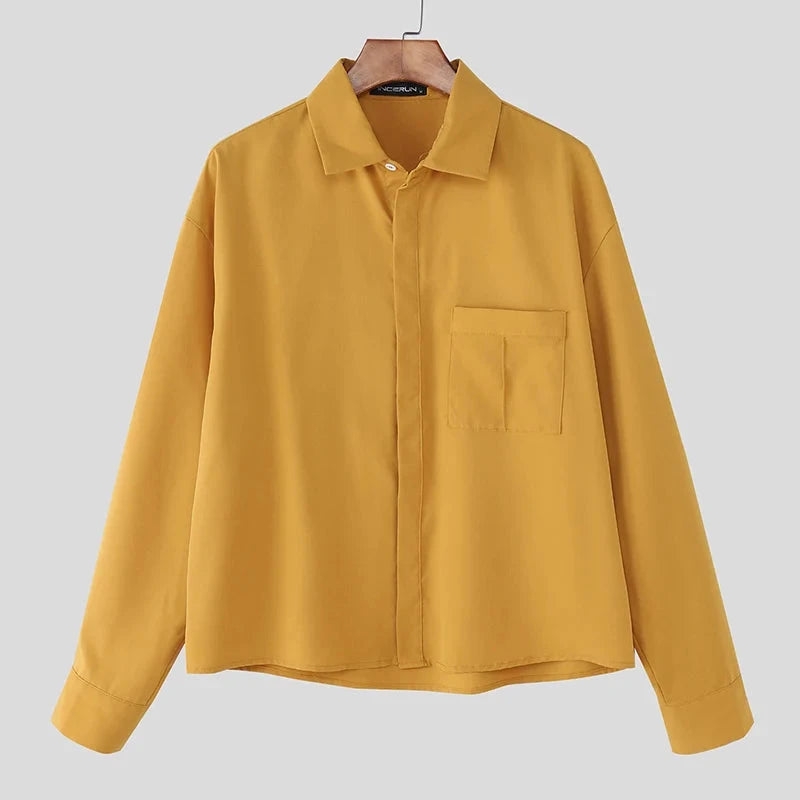 AIDASE  -  Men Casual Shirt Solid Color Lapel Long Sleeve Button Men Clothing Streetwear Loose 2025 Fashion Male Crop Tops Shirts aidase-shop