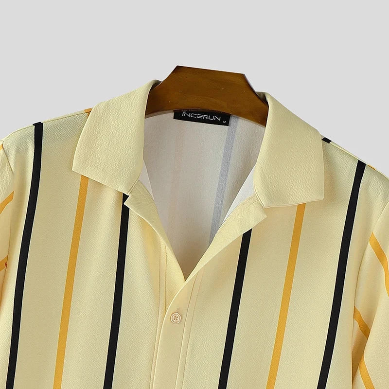 AIDASE  -  Men Striped Shirt Lapel Short Sleeve Summer Streetwear Men Clothing Loose 2025 Fashion Casual Male Shirts Tops S-5XL aidase-shop