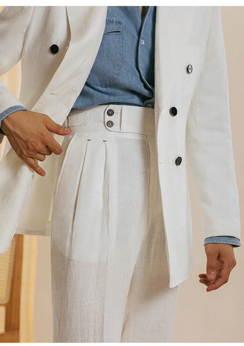Aidase Linen  Retro Casual Pant British High Waist Pants Office-trouser Men Dress White Pant Trouser Straight Leg Pant Naples aidase-shop