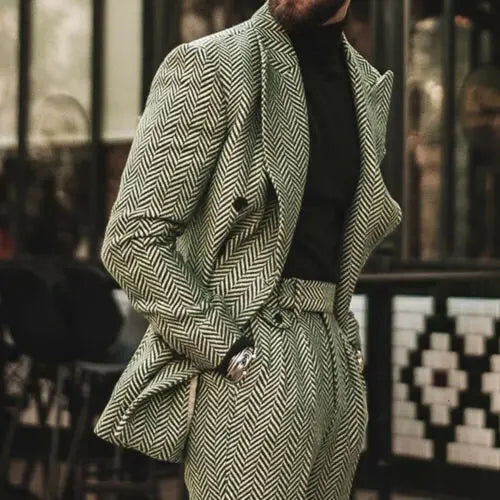 Aidase Herringbone Men Suit Slim Fit Wool Blend Double Breasted Tuxedos Formal Tailored 2Pieces Jacket and Pants aidase-shop