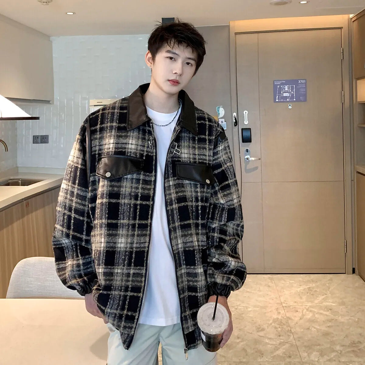 AIDASE  -  New Male Jacket Coats PU Leather Patchwork Lapel Zipper Casual Trendy Menswear Niche Design Handsome Men Tops 21E6679 aidase-shop