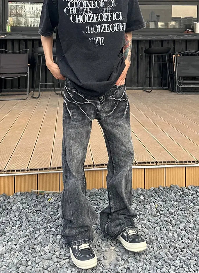 AIDASE  -  Fashion Men's Jeans Lightning Crack Print Washed Slim Fit Design Versatile Straight Slightly Flared Denim Pants 21E6876 aidase-shop