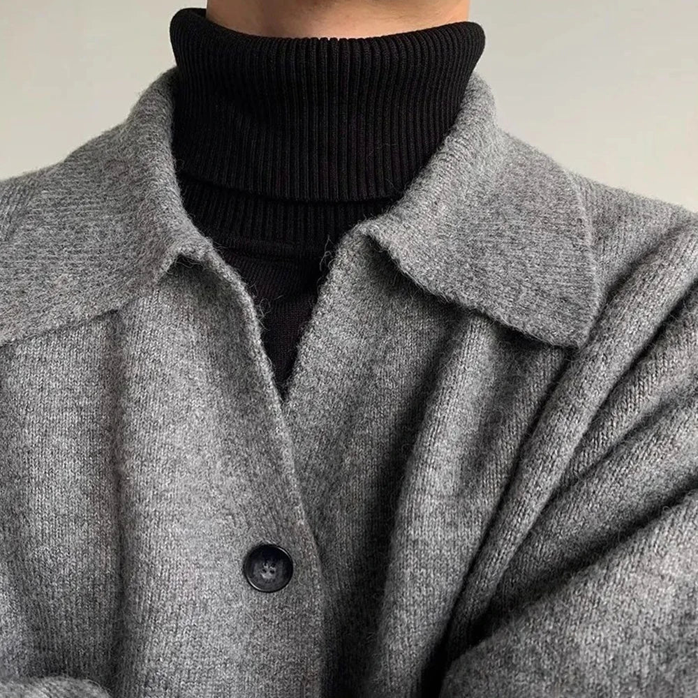 AIDASE  -  Mens Retro Solid Color Lapel Y2k Cardigan Sweater Autumn And Winter Street Fashion Trend Lazy Style Knitted Sweater Jacket Men aidase-shop