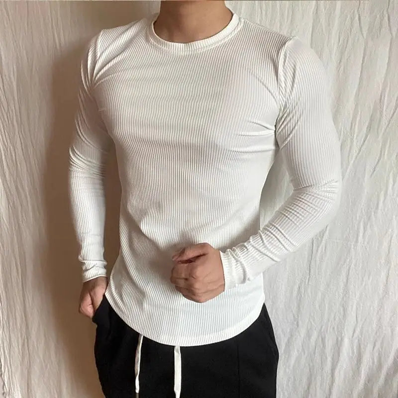 AIDASE  -  Sports Long-sleeved T-shirt Fitness Tights Slim Elastic Striped Round Neck Casual aidase-shop