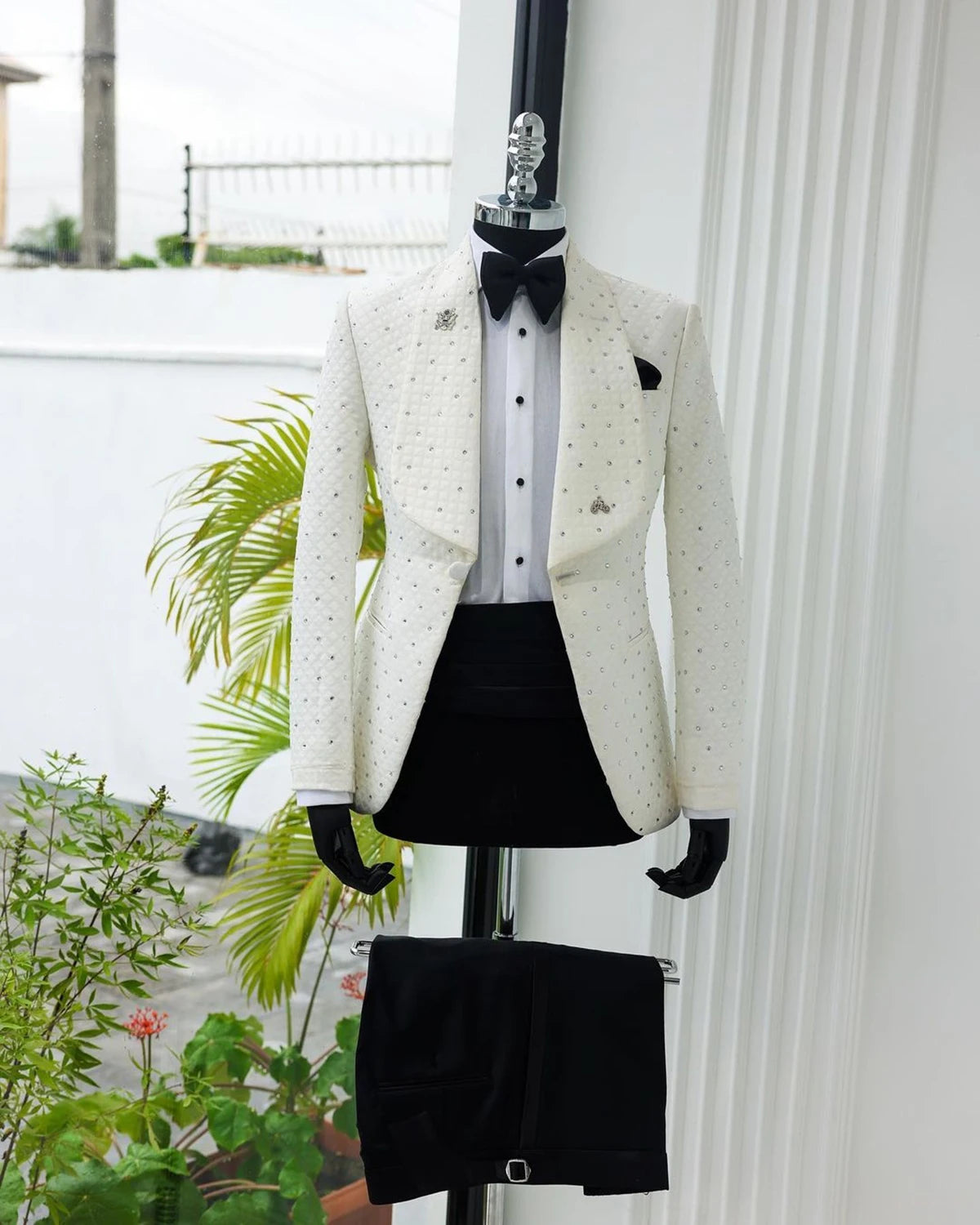 Aidase Men's Suit 2 Pieces White Blazer Black Pants One Button Wide Lapel Business Beads Formal Work Wear Wedding Groom Costume Homme aidase-shop