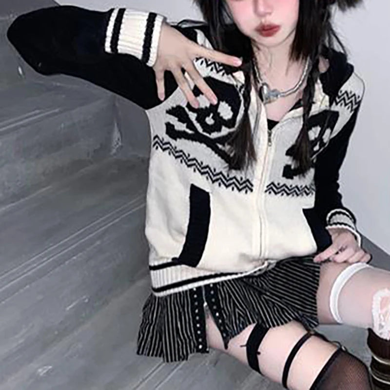 AIDASE  -  Sweaters Skull Hooded Zip Up Harajuku Pullover Women Winter Knitwear Pattern Oversized Streetwear Lovers Top 2000s Clothes Y2k aidase-shop