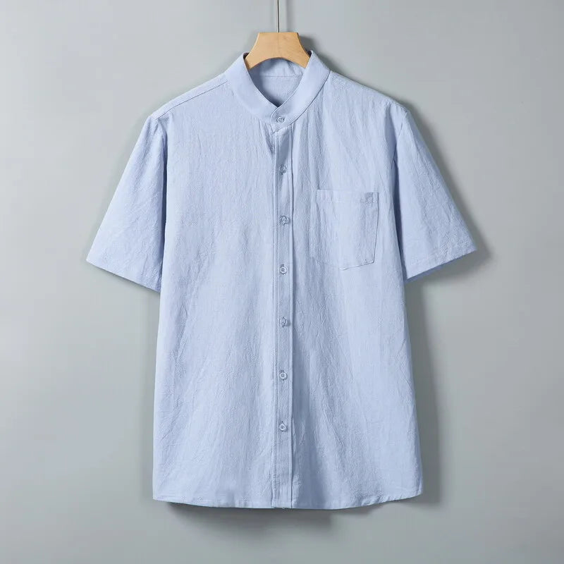 AIDASE  -  Summer Short Sleeve Cotton Linen Shirts Men Solid Casual Stand Collar Shirt Male Breathable Loose Daily Blouse Tops Plus Size aidase-shop
