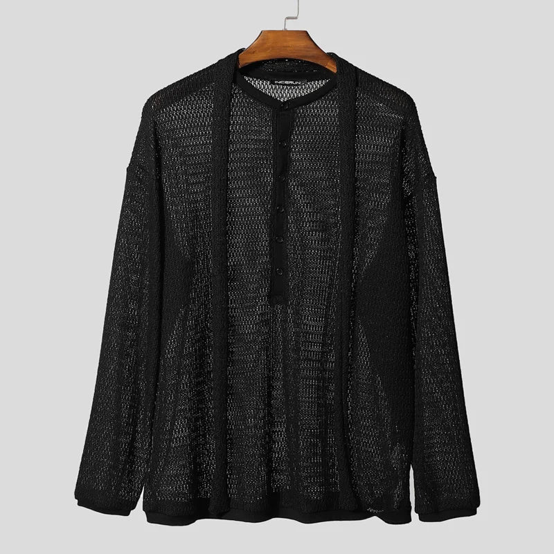 AIDASE  -  Men Sweater Solid V Neck Long Sleeve Hollow Out See Through Male Pullovers Streetwear Loose Fashion Casual Men Clothing aidase-shop