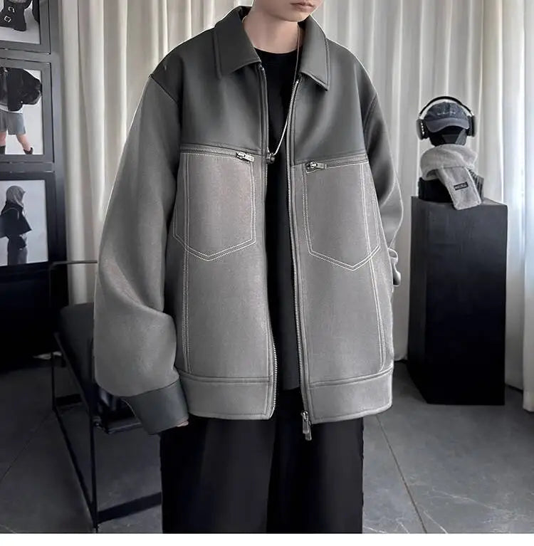 AIDASE  -  Trend Men's Jacket PU Leather Faux Suede Patchwork Design Contrast Color Casual Long Sleeve Lapel Male Coat Tide 21E7100 aidase-shop