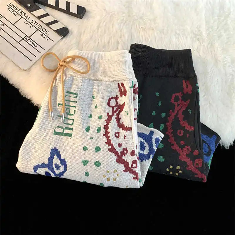 Aidase American Retro Cashew Flower Knitted Shorts Men's Loose Summer High Street New High Street Trendy Letter Print Beach Half Pants aidase-shop