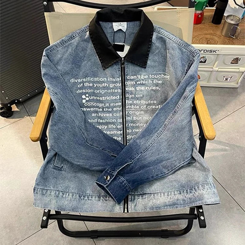 AIDASE  -  Men's Clothing Vintage Letter Zipper Denim Jacket Men's Spring And Fall Design Lapel Washed Biker Jacket Outerwears Coats Y2k aidase-shop