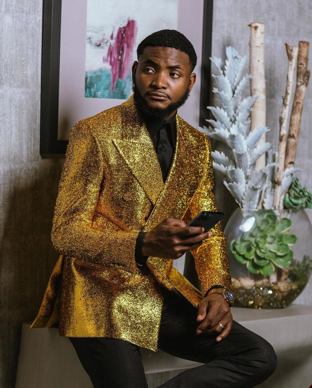 Aidase Gold Men's Suit 2 Pieces Blazer Black Pants One Button Peaked Lapel Business Slim Fit Formal Host Wedding Groom Costume Homme aidase-shop