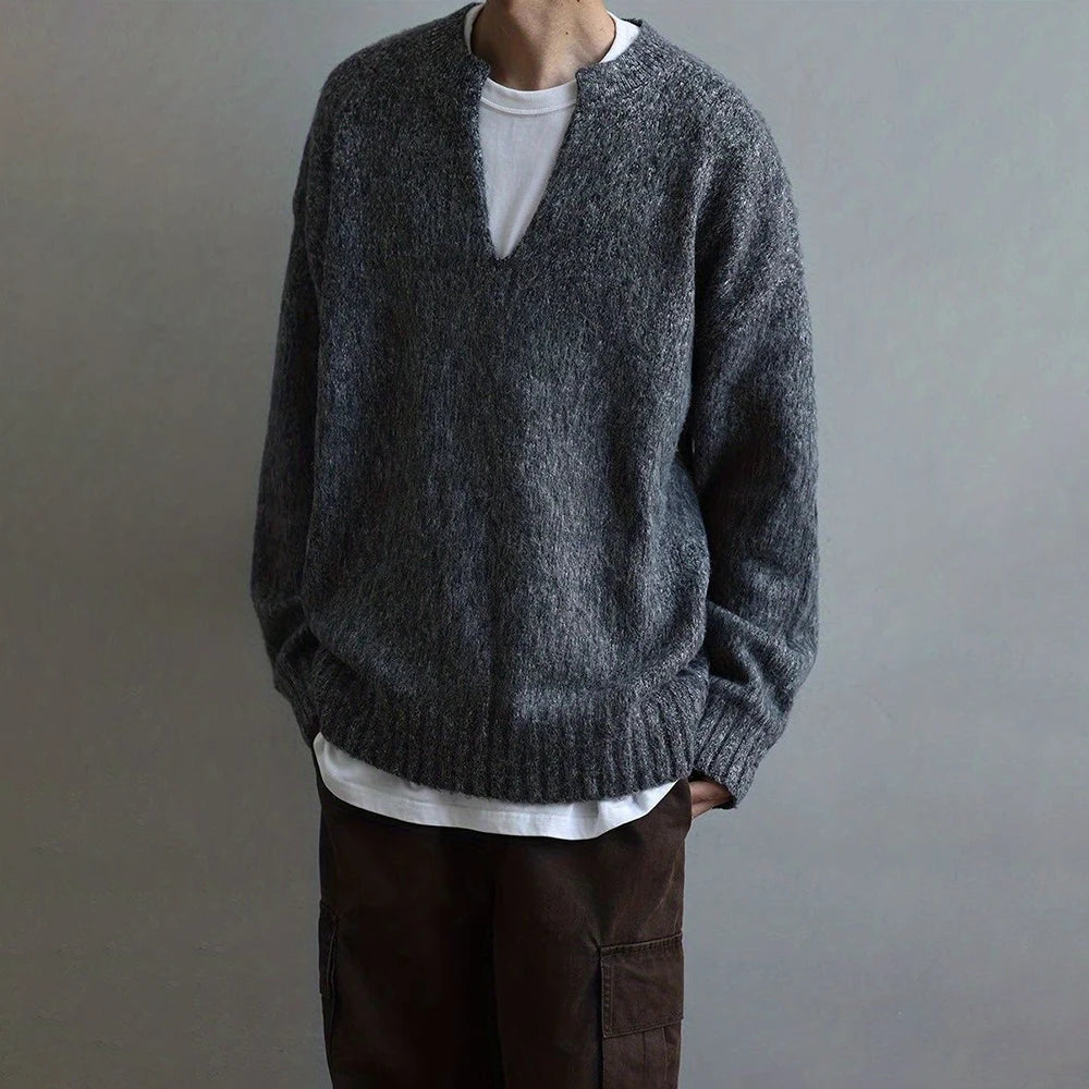 AIDASE  -  American Street Fashion Solid Color V-Neck Sweater Men Autumn And Winter Lazy Style High-End Casual Knitted Sweater Jacket Men aidase-shop