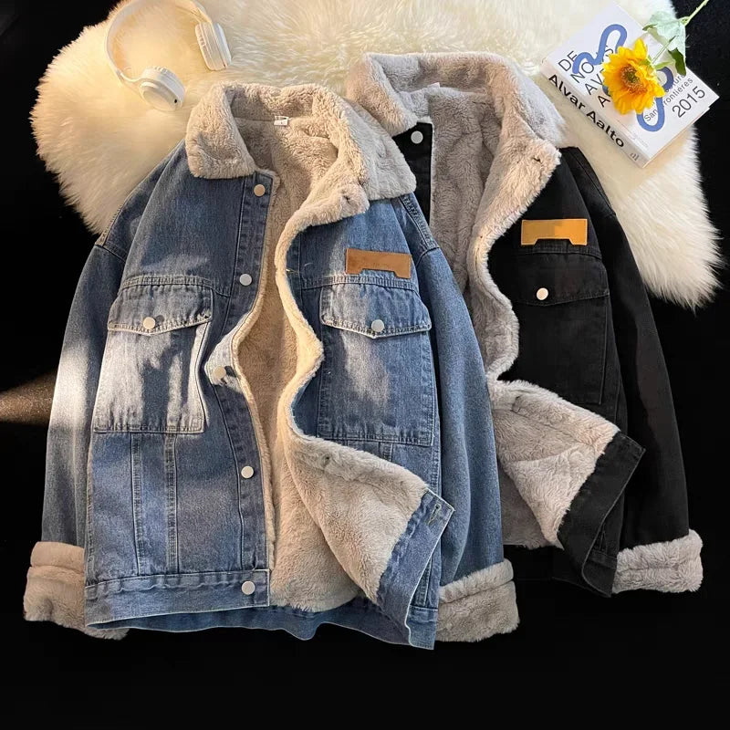 Aidase Thick Warm Lamb Fleece Lined Denim Jacket Men Winter Windbreaker Jackets Outwear Jeans Coats Male Multi-pockets Cowboy Clothing aidase-shop