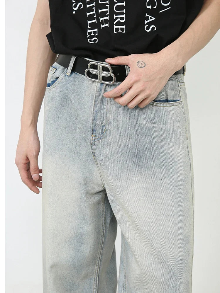 Aidase Korean Style Retro Fashion Distressed Light Blue Jeans Men Zippered Loose Casual Straight Leg Wide Leg Pants aidase-shop