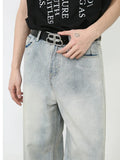 Aidase Korean Style Retro Fashion Distressed Light Blue Jeans Men Zippered Loose Casual Straight Leg Wide Leg Pants aidase-shop