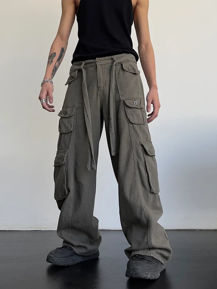 High street retro casual large pocket overalls men's and women's new summer high waist loose straight tube draped wide leg pants Maytrends