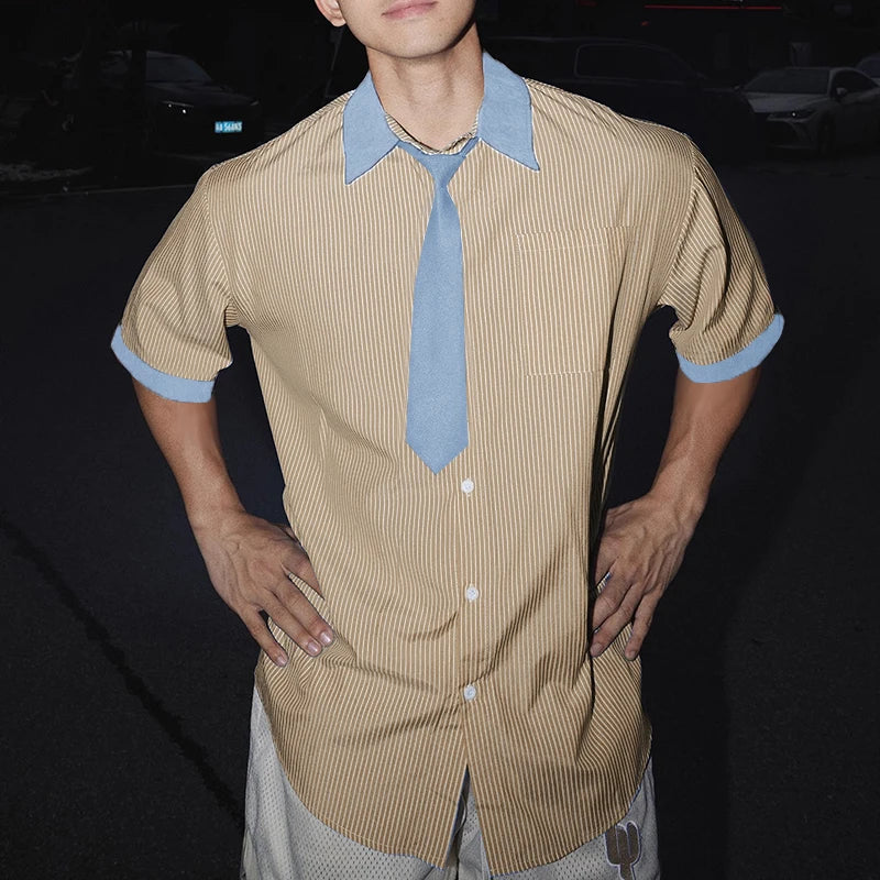 AIDASE  -  Men Shirt Striped Patchwork Lapel Short Sleeve Button Casual Men Clothing Loose Tie 2025 Fashion Male Shirts S-5XL Tops aidase-shop