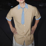 AIDASE  -  Men Shirt Striped Patchwork Lapel Short Sleeve Button Casual Men Clothing Loose Tie 2025 Fashion Male Shirts S-5XL Tops aidase-shop