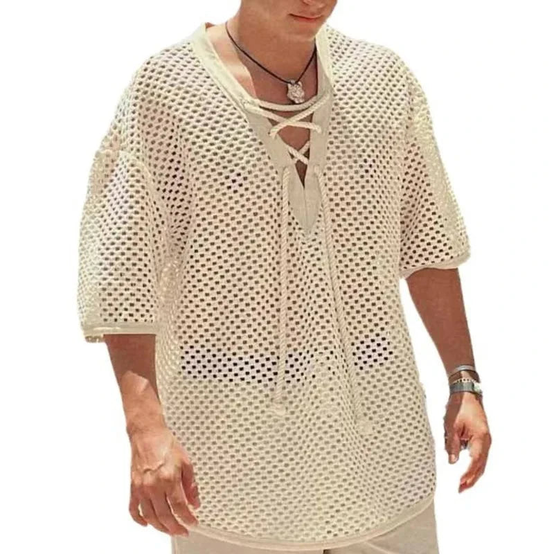 AIDASE  -  Summer New Man's Tide Mesh Hollow Out Knitted T-shirt V-Neck Short Sleeve Pullover Casual High Street Chic Sexy Tops W11957 aidase-shop