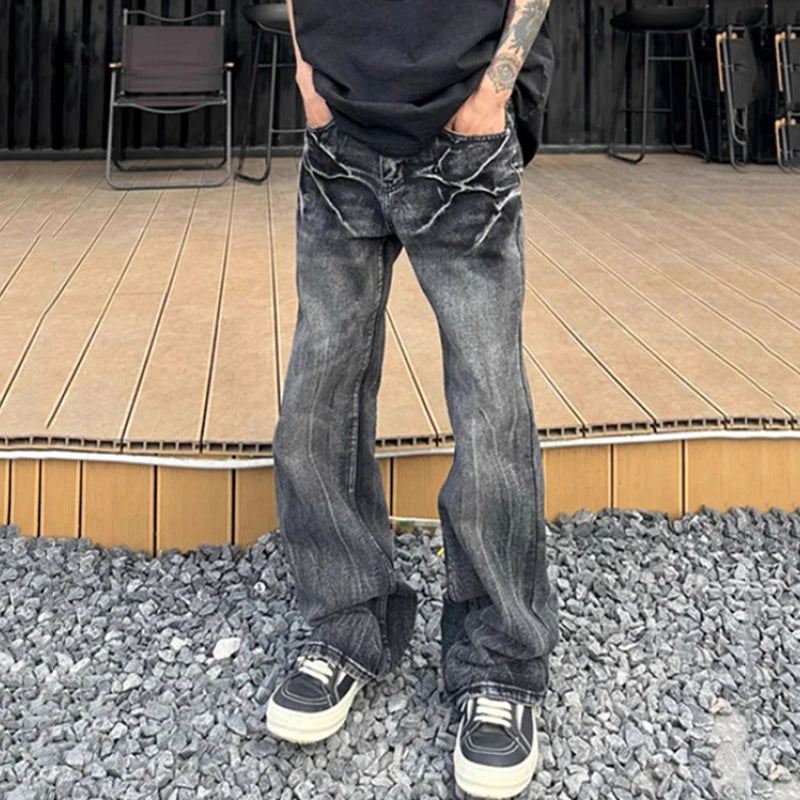 AIDASE  -  Fashion Men's Jeans Lightning Crack Print Washed Slim Fit Design Versatile Straight Slightly Flared Denim Pants 21E6876 aidase-shop