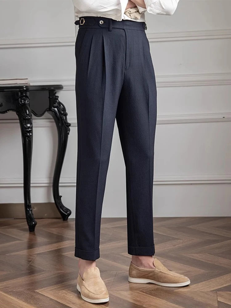 AIDASE  -  Casual Solid Color Pleated High Waist Trousers 2025 Spring Fall Trendy Men's Slim Fit Straight Pants Naples Style Trousers Mens aidase-shop