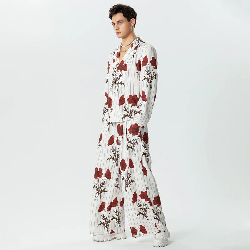 Aidase Fashion Men Sets Streetwear Flower Printing Lapel Long Sleeve Blazer & Pants 2PCS Loose Men's Casual Suits S-5XL aidase-shop