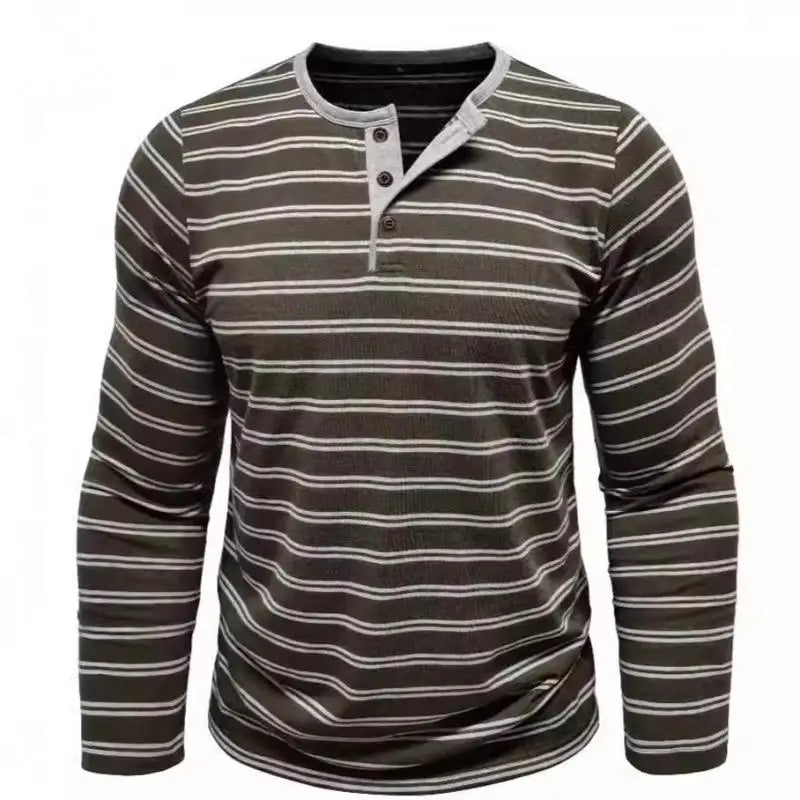 AIDASE  -  New Men's Henley Collar Long Sleeve T-Shirts Striped Casual Button T Shirt for Men Spring Autumn Male Fashion Cotton Tees Tops aidase-shop