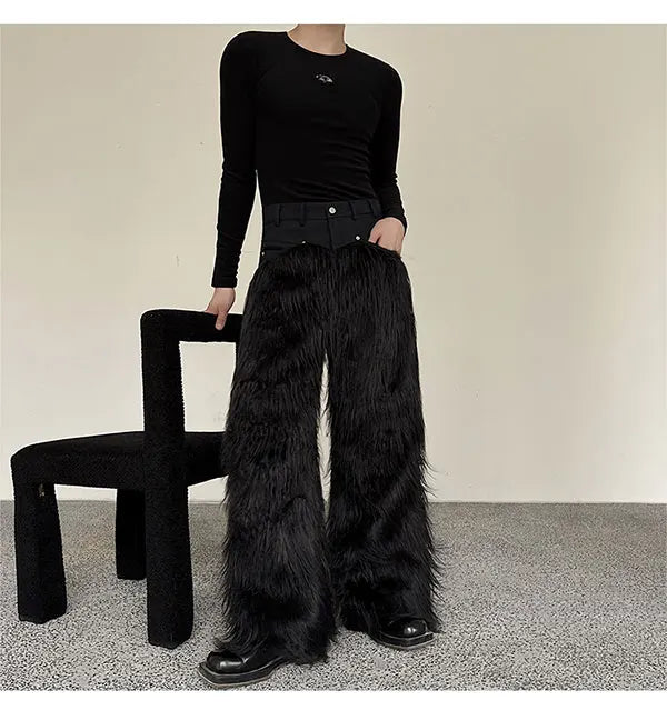 Autumn Winter Men's Trousers Personality Long Wool Denim Spliced Straight Leg Wide Leg Casual Pants Niche Design New aidase-shop