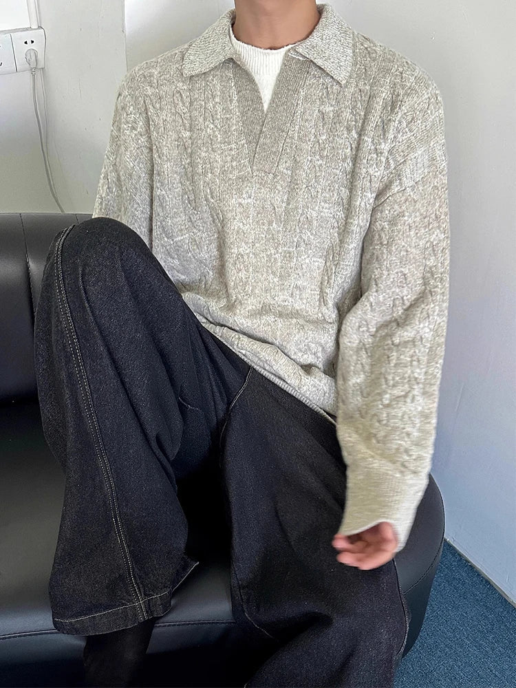 AIDASE  -  Autumn Casual Long Sleeve Knit Jumper Tops Mens Vintage Polo Neck Knitted Pullover Trendy Men's Twist Crochet Sweater Polo Shirt aidase-shop