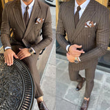 Aidase Brown Pinstripe Men Suit 2 Pieces Business Blazer Pants Double Breasted Wedding Groom Formal Work Wear Party Causal Tailored