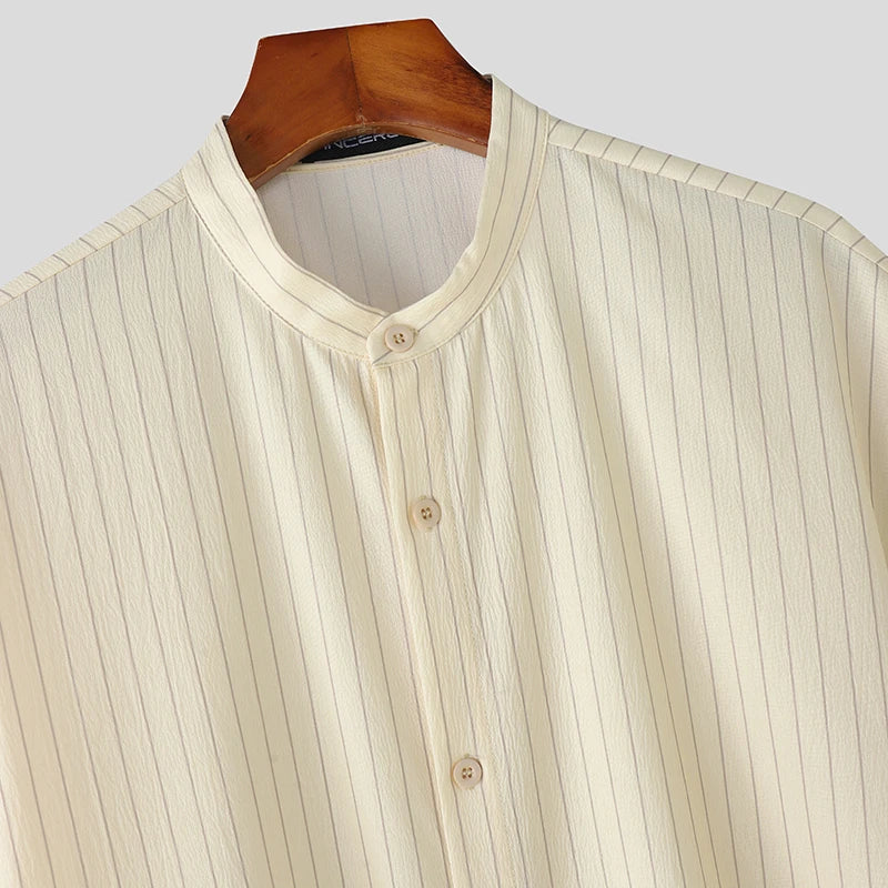 AIDASE  -  Men Striped Shirt Stand Collar Short Sleeve Button Loose Men Clothing Summer Streetwear 2025 Fashion Casual Male Shirts aidase-shop