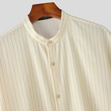 AIDASE  -  Men Striped Shirt Stand Collar Short Sleeve Button Loose Men Clothing Summer Streetwear 2025 Fashion Casual Male Shirts aidase-shop