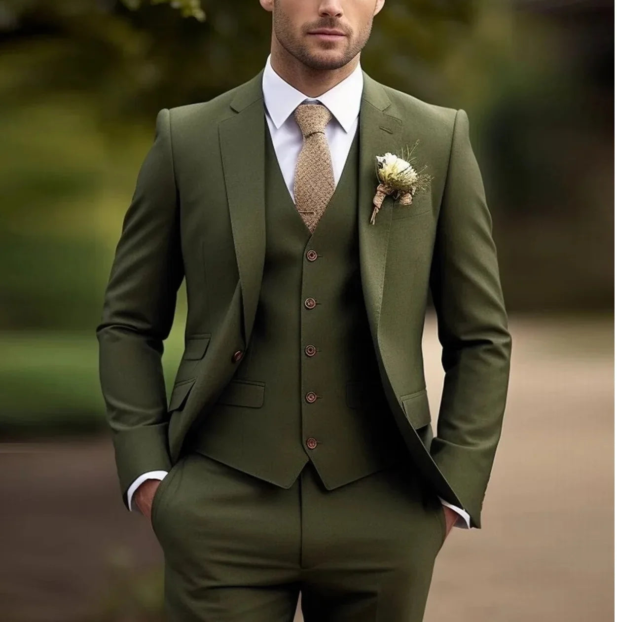 Aidase Elegant Men's Suits Full Set (Jacket+Vest+Pants ) Army Green Slim FIT Business Casual Tuxedo Blazer Beige Groom Wedding Suits aidase-shop