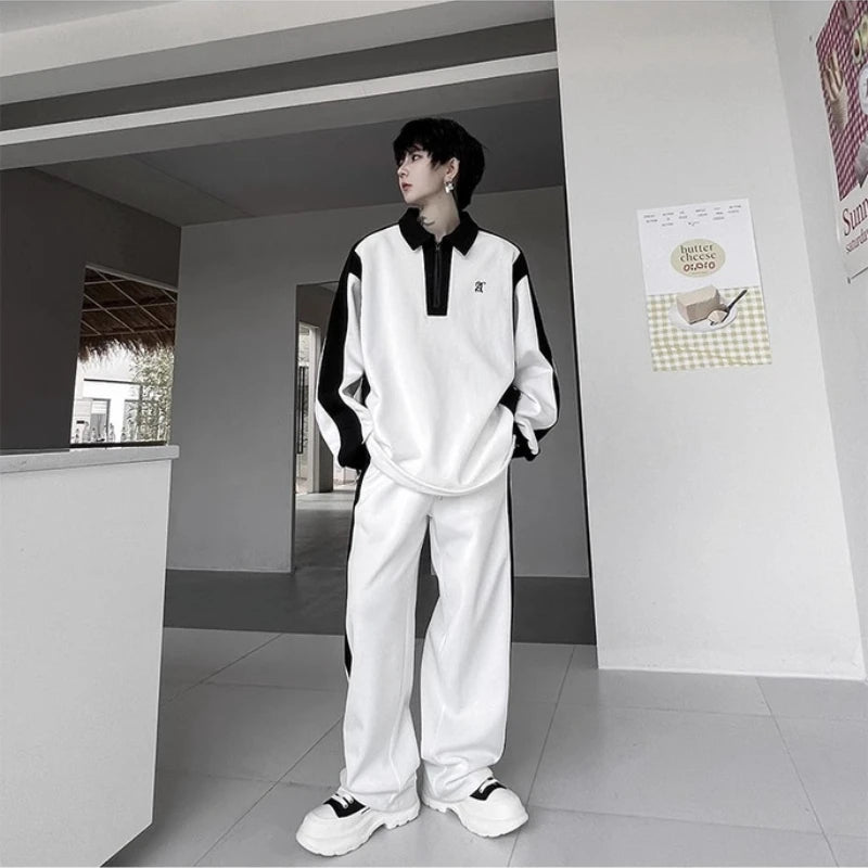 Elegant Black White Color Contrast Sports Shirt Set Long Sleeved Polo Shirt Sweatpants Two Piece Set Casual Handsome Tracksuit aidase-shop