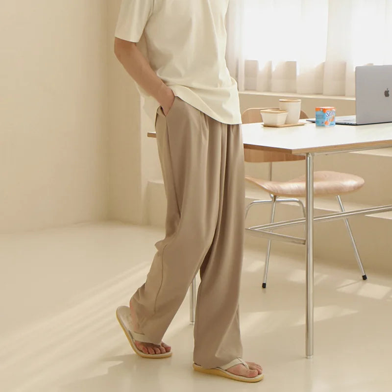 =Aidase Boys Spring Casual Loose Pants Summer High Quality Ice Silk Wide Leg Pants Men Long Plus Size Suit Pants Office Wear Trousers aidase-shop
