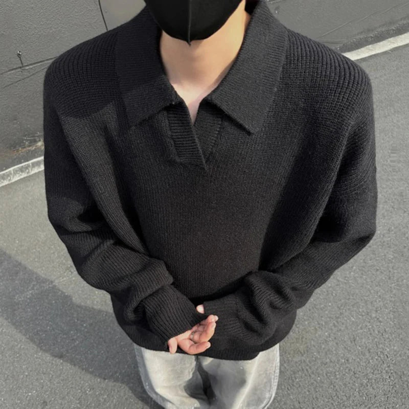 AIDASE  -  Autumn Winter Men's Sweater Korean Style Loose Long Sleeve Lapel Solid Color Male Pullover Fashion Casual Tops 21E7478 aidase-shop