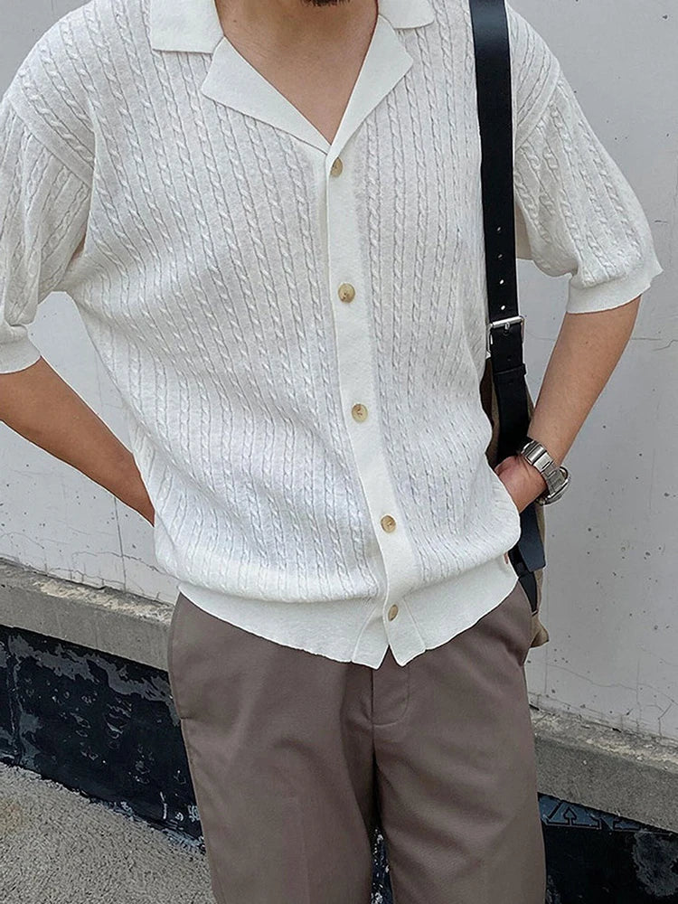 AIDASE  -  Streetwear Fashion Knitting Shirts Mens Summer Vintage Jacquard Turn-down Collar Cardigan Tops Men New Casual Slim Knitted Shirt aidase-shop