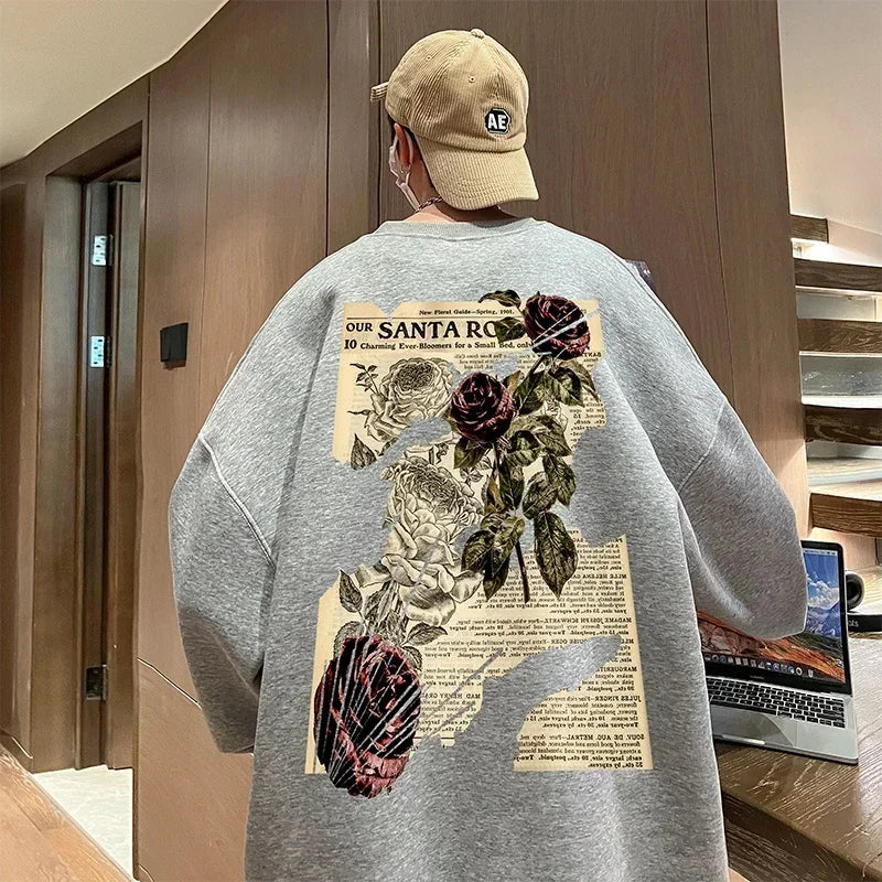 Aidase Autumn Rose Floral Print Sweatshirt Vintage West Coast Round Neck Pullover Top Loose Casual Hiphop Men Women Clothing aidase-shop