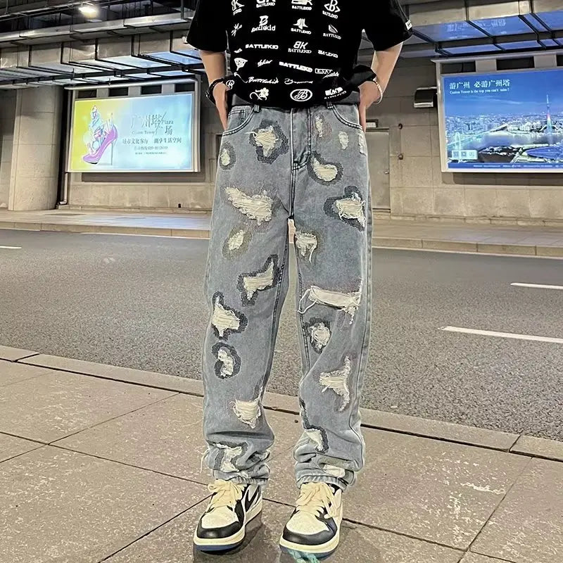 Aidase Y2K Blue Baggy Jeans Men's New Streetwear American Retro Printed Letter Pants Straight Hip-hop Loose Denim Trousers aidase-shop