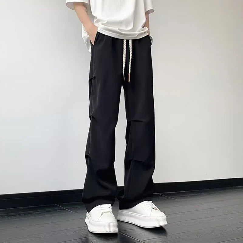 AIDASE  -  Men Casual Pants Pleated Decoration Drawstring Straight-leg Design Quick-Dry American High Street Cargo Trousers 21E6839 aidase-shop